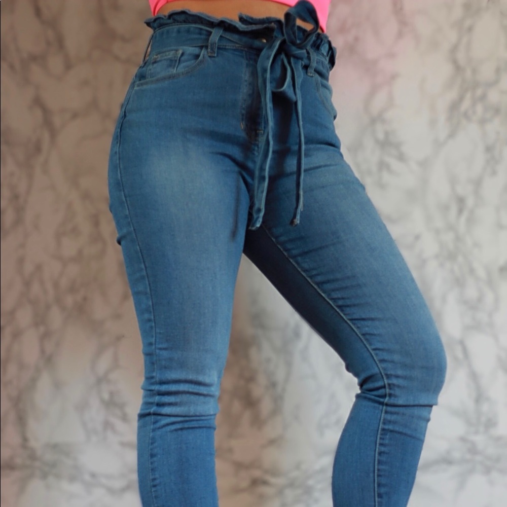 Paper bag high rise denim pants